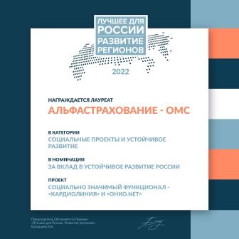Компания «АльфаСтрахование-ОМС» стала лауреатом премии «Развитие регионов. Лучшее для России»